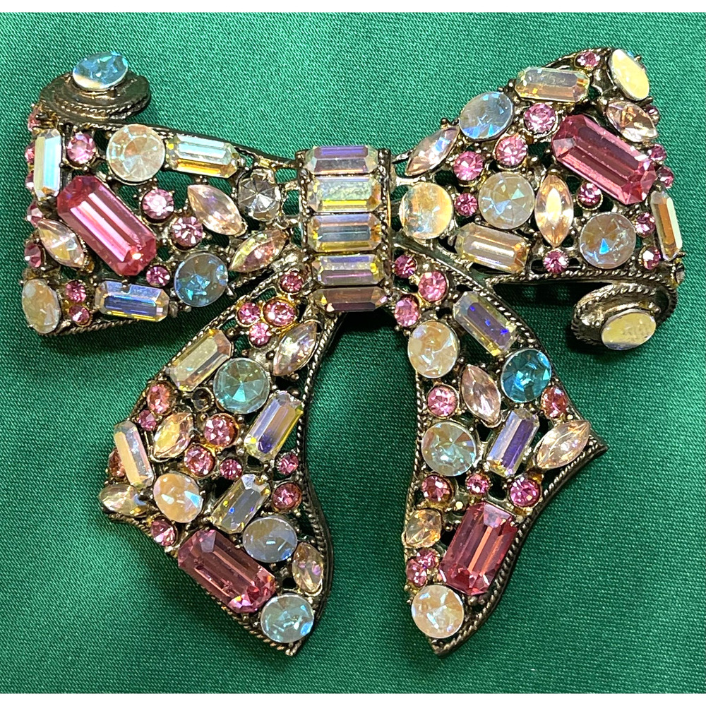 Vintage Thelma Deutsch Bow Brooch Pin Multicolor Pink Glass Rhinestone Large